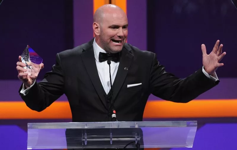 CENTURY CITY, CA - MAY 18: UFC President Dana White accepts the Visionary Award on stage at the 2014 Sports Spectacular Gala at the Hyatt Regency Century Plaza on May 18, 2014 in Century City, California.   Alberto E. Rodriguez/Getty Images for Sports Spectacular/AFP
