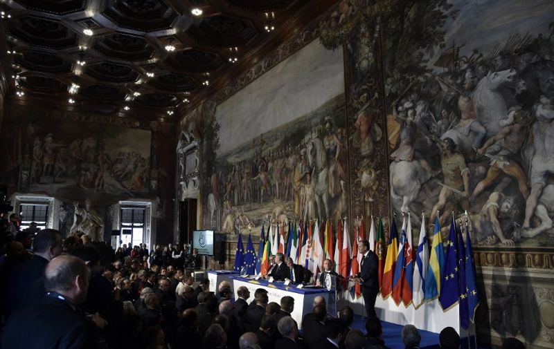 European Council President Donald Tusk delivers a speech during a special summit of EU leaders to mark the 60th anniversary of the bloc's founding Treaty of Rome, on March 25, 2017 at Rome's Piazza del Campidoglio (Capitoline Hill).  
Against a backdrop of crises and in the absence of the departing Britain, the leaders signed a new Rome declaration, six decades after the six founding members signed the Treaty of Rome and gave birth to the European Economic Community.
 / AFP PHOTO / TIZIANA FABI