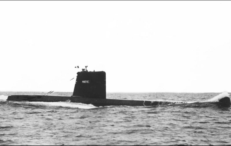 (FILES) An undated photograph shows the "Minerva", a French submarine class "Daphne" seen at sea during a military exercise. - The submarine La Minerve, which disappeared 50 years ago, has been found off the coast of Toulon, southern France, it was announced by the French Defence Minister on July 22, 2019. The "Minerva" disappeared at sea, with its 52 man crew on January 27, 1968, off Toulon. (Photo by STF / AFP)