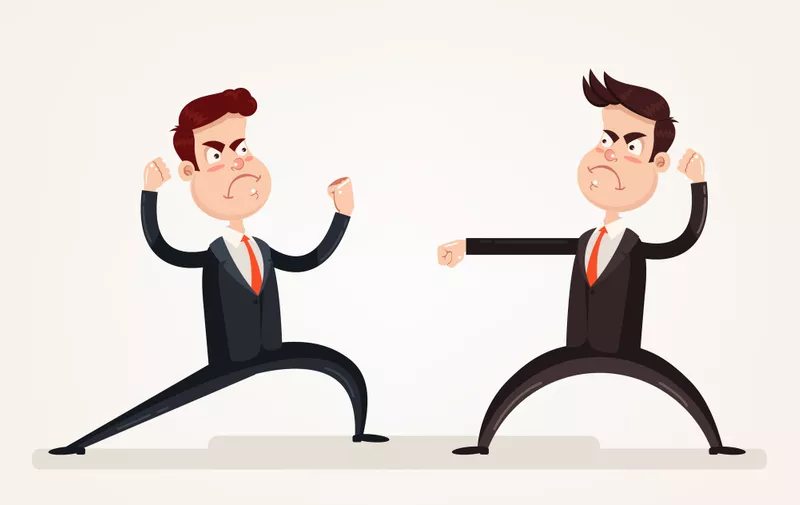 Angry aggressive businessman office worker character quarreling discussion and fight. Teamwork colleague conflict problem relationship concept