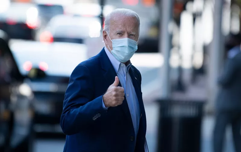 Former US Vice President Joe R. Biden, Democratic presidential candidate, arrives at the Queen Theater where he will record videos October 7, 2020, in Wilmington, Delaware. (Photo by Brendan Smialowski / AFP)