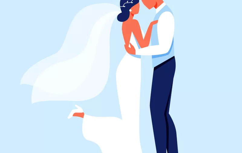 Bride and Groom Characters Hugging, Young Lady in White Wedding Dress Standing Together with Man in Festive Classic Suit Isolated on Blue Background, Wedding Ceremony Cartoon Flat Vector Illustration.