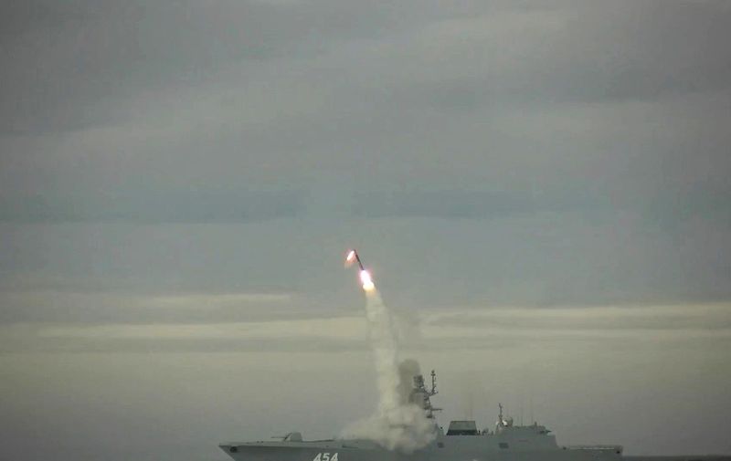 Russia successfully test-fired a hypersonic Zircon cruise missile in this image released by the Russia defense ministry on Saturday May 28, 2022.The footage released by the Russian Defense Ministry showed the missile was being fired from a ship at sea and blazed to the sky. The ministry said the missile was fired from the Barents Sea and hit a target in the White Sea.
Russia succesfully test fired Hypersonic Zircon Missile, Barents Sea, Russia - 28 May 2022,Image: 695988336, License: Rights-managed, Restrictions: , Model Release: no