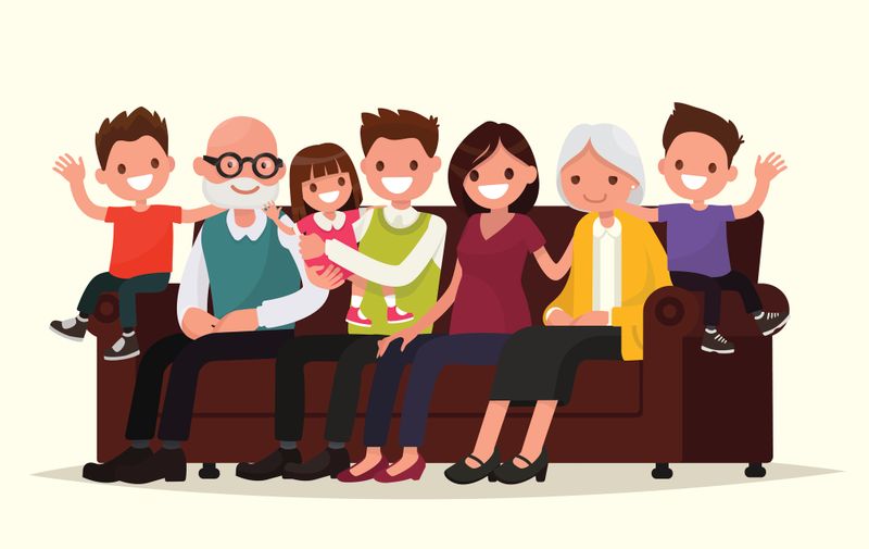 Big family sitting on the sofa. Grandfather, grandmother, father, mother and children. Vector illustration of a flat design