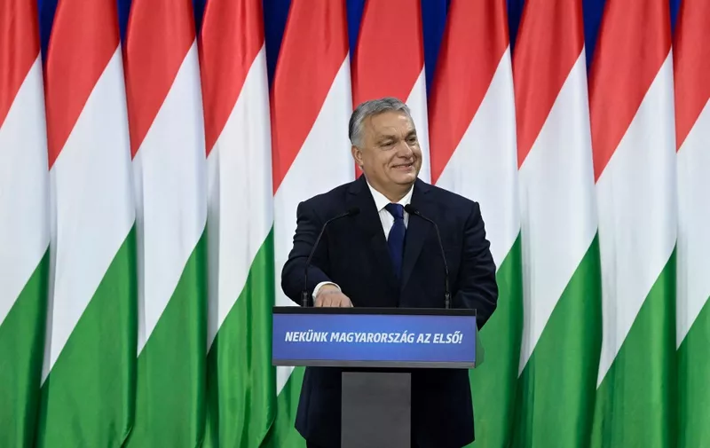 Hungary's Prime Minister and Chairman of the governing FIDESZ party Viktor Orban delivers his annual state of the nation speech in front of his party members and sympathizers in Budapest on February 17, 2024. (Photo by Szilard KOSZTICSAK / various sources / AFP) / Hungary OUT