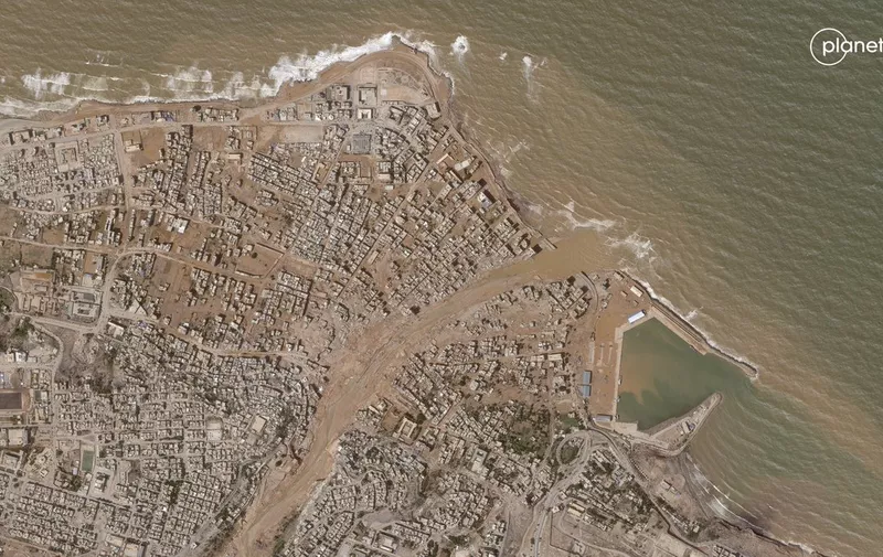 An image of satellite photos shows an area after a powerful storm and heavy rainfall hit the country, in Derna, Libya, September 12, 2023. At least 34,000 people in Libya's flood-hit areas have been swept out of their homes, according to the UN agency International Organization for Migration.,Image: 804975462, License: Rights-managed, Restrictions: , Model Release: no