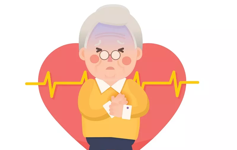 Vector Illustration of Old Man having Chest Pain, Heart Burn, Heart Attack Cartoon Character