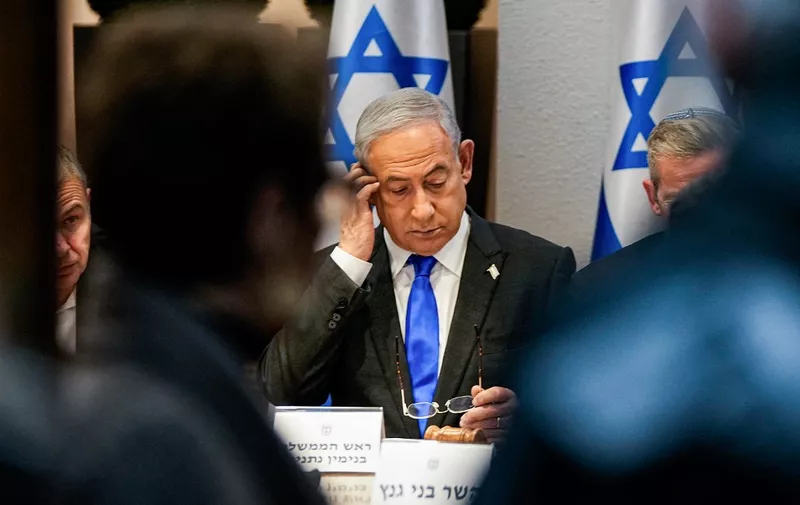 Israel's Prime Minister Benjamin Netanyahu chairs a cabinet meeting at the Kirya military base, which houses the Israeli Ministry of Defence, in Tel Aviv on December 24, 2023. (Photo by Ohad Zwigenberg / POOL / AFP)