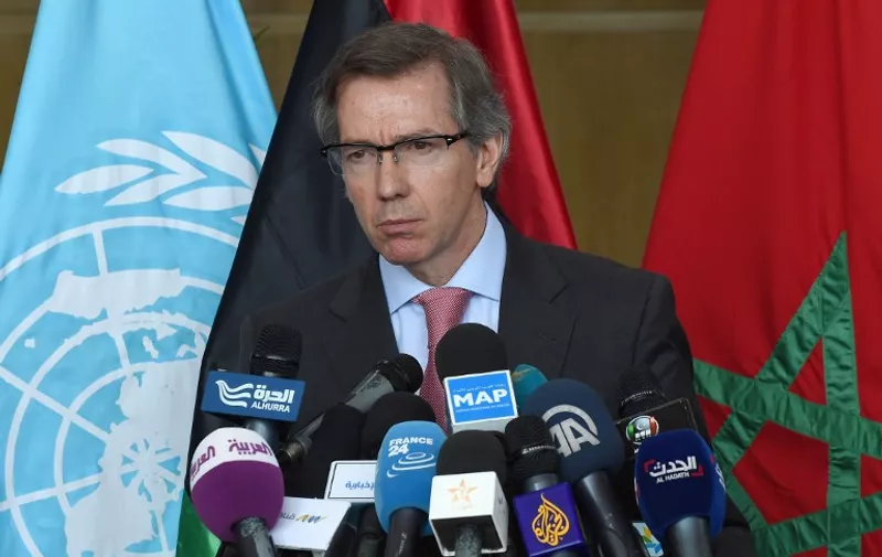 Special Representative and Head of the United Nations Support Mission in Libya, Bernardino Leon, gives a press conference during a new round of peace talks on the Libyan conflict on June 9, 2015, in the Moroccan city of Skhirat, 20 kilometres south of Rabat. Libya's warring factions have reacted positively to a draft peace agreement put forward at talks in Morocco, Bernardino Leon said.   AFP PHOTO / FADEL SENNA