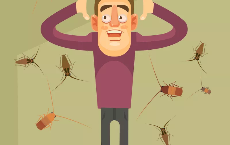 Invasion of cockroaches. Scared man character. Vector flat cartoon illustration, Image: 337691088, License: Royalty-free, Restrictions: , Model Release: no, Credit line: Profimedia, Stock Budget