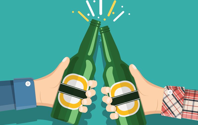 Beer party. Two mans holding in hands the beer bottles. Toast. Drinking alcoholic beverages. vector illustration in flat style
