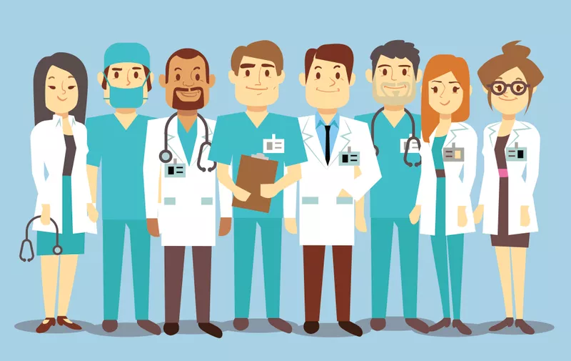 Hospital medical staff team doctors nurses surgeon vector flat Illustration of character doctor with stethoscope, reliable team of doctors