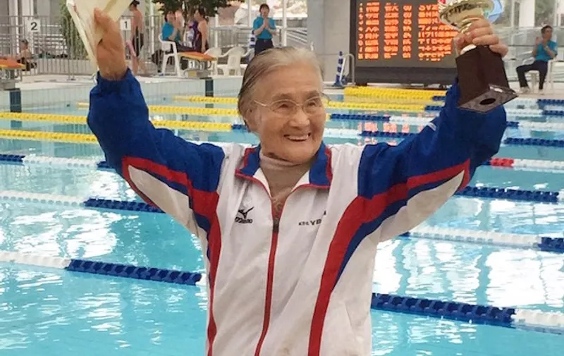 This handout photograph received from the Japan Masters Swimming Association on April 6, 2015, shows Mieko Nagaoka, a 100-year-old Japanese swimmer, celebrating in a masters swimming competition in Matsuyama, Ehime prefecture, western Japan, on April 4, 2015. A 100-year-old Japanese woman has become the world&#8217;s first centenarian to complete a 1,500-metre freestyle swim, 20 years [&hellip;]