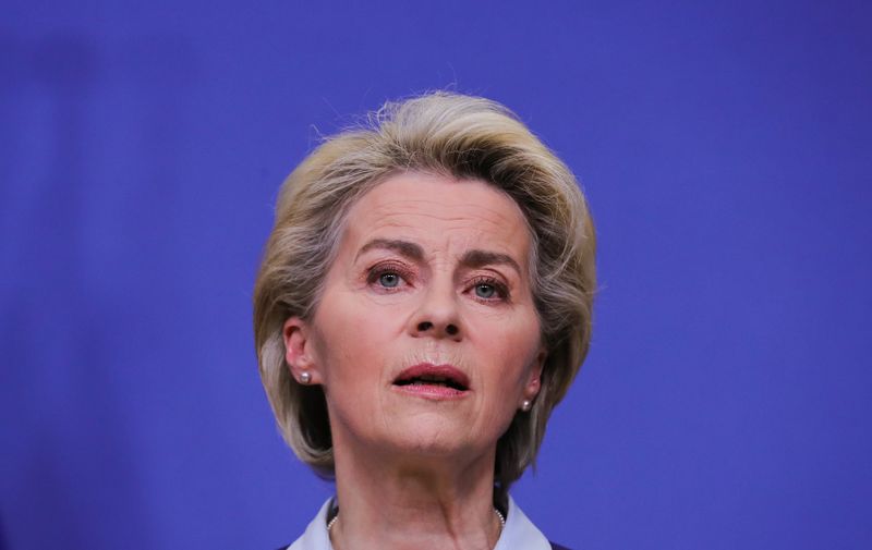 BRUSSELS, Feb. 22, 2022  -- European Commission President Ursula von der Leyen makes a statement on the Ukraine issue in Brussels, Belgium, on Feb. 22, 2022. The European Union (EU) is ready to take further action against Russia if it continues to escalate the crisis, von der Leyen warned here on Tuesday.,Image: 664267649, License: Rights-managed, Restrictions: , Model Release: no, Credit line: Profimedia