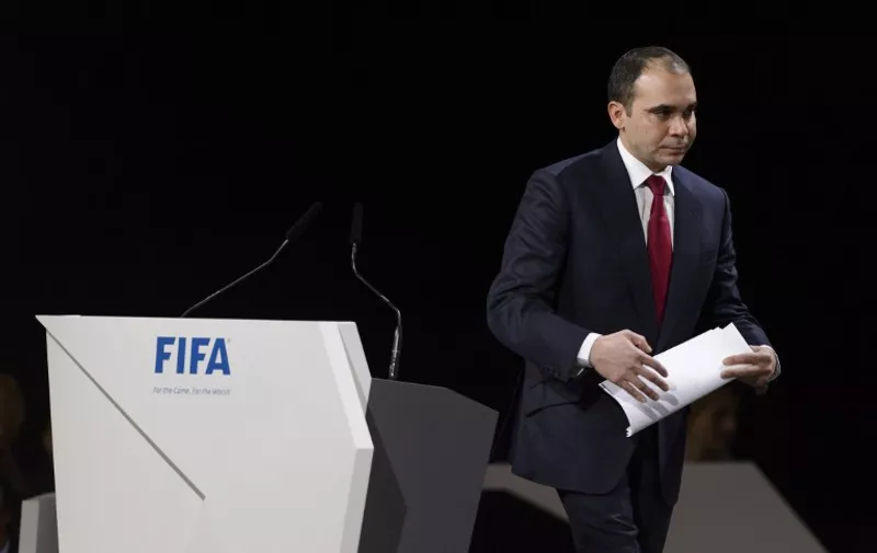 FIFA vice-president and contender for the role of FIFA President Prince Ali bin al Hussein leaves after delivering his speech ahead of the vote to decide on the FIFA presidency in Zurich on May 29, 2015.  Prince Ali bin al Hussein, challenging Sepp Blatter for the FIFA presidency, promised to establish "transparency" and "restore respect" for the world football body if elected.
 AFP PHOTO / FABRICE COFFRINI