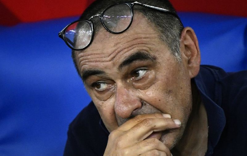 Juventus' Italian coach Maurizio Sarri reacts after Juventus lost the TIM Italian Cup (Coppa Italia) final football match Napoli vs Juventus on June 17, 2020 at the Olympic stadium in Rome, played behind closed doors as the country gradually eases the lockdown aimed at curbing the spread of the COVID-19 infection, caused by the novel coronavirus. (Photo by Filippo MONTEFORTE / AFP)