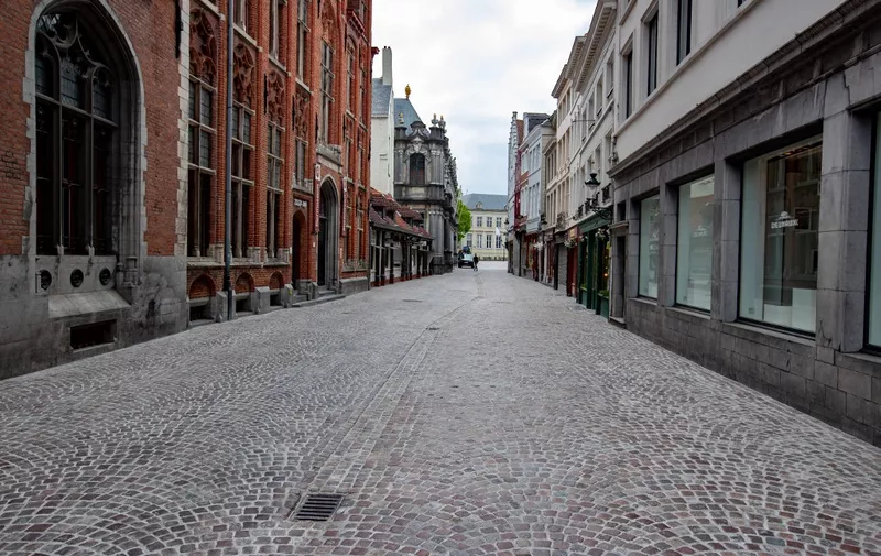 General view of deserted streets in the city centre of Bruges, on April 29, 2020, amid the COVID-19 outbreak caused by the novel coronavirus. (Photo by KURT DESPLENTER / Belga / AFP) / Belgium OUT