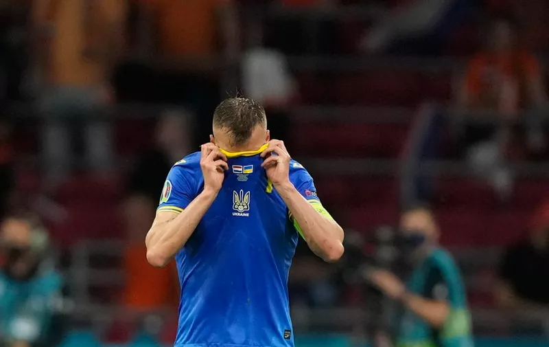 Ukraine's Andriy Yarmolenko reacts to the defeat after the Euro 2020 soccer championship group C match between the Netherlands and Ukraine at the Johan Cruijff Arena in Amsterdam, Netherlands, Sunday, June 13, 2021. (AP Photo/Peter Dejong, Pool)