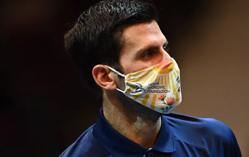 Serbia's Novak Djokovic wears a face mask ahead his match against Serbia's Filip Krajinovic during the Erste Bank Open ATP tennis tournament in Vienna, on October 27, 2020. (Photo by JOE KLAMAR / AFP)