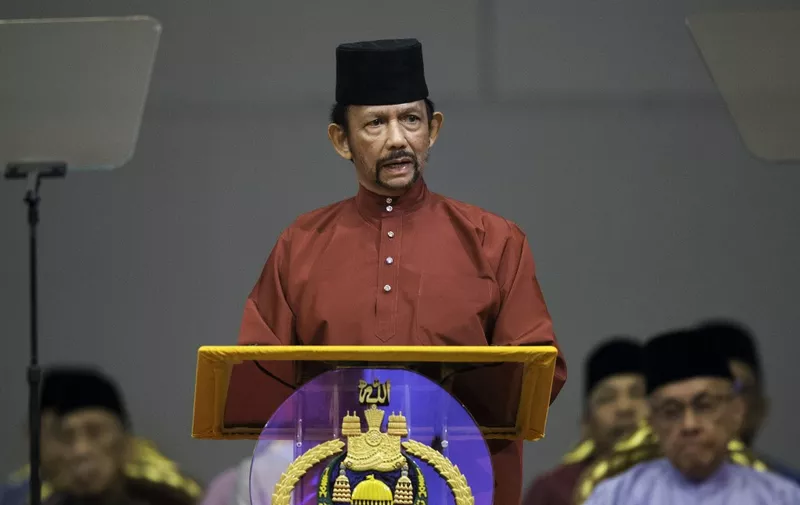 Brunei's Sultan Hassanal Bolkiah delivers a speech during an event in Bandar Seri Begawan on April 3, 2019. - Brunei's sultan called for "stronger" Islamic teachings in the country on April 3 as tough new sharia laws, including death by stoning for gay sex and adultery, were due to come into force. (Photo by - / AFP) / Brunei OUT