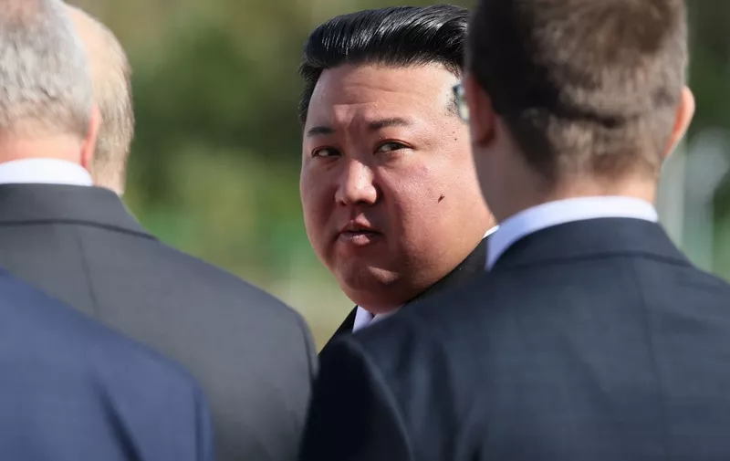 This pool image distributed by Sputnik agency shows North Korean leader Kim Jong Un visiting the Vostochny Cosmodrome in Amur region on September 13, 2023. Russian President Vladimir Putin and North Korean leader Kim Jong Un both arrived at the Vostochny Cosmodrome in Russia's Far East, Russian news agencies reported on September 13, ahead of planned talks that could lead to a weapons deal. (Photo by Mikhail Metzel / POOL / AFP)