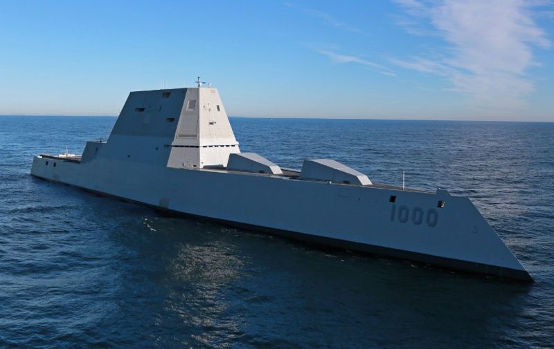 The future USS Zumwalt (DDG 1000) is underway for the first time conducting at-sea tests and trials in the Atlantic Ocean December 7, 2015. The multimission ship will provide independent forward presence and deterrence, support special operations forces, and operate as an integral part of joint and combined expeditionary forces.  AFP PHOTO / HANDOUT / US NAVY / DENNIS GRIGGS        == RESTRICTED TO EDITORIAL USE / MANDATORY CREDIT: "AFP PHOTO / HANDOUT / US NAVY / NO MARKETING / NO ADVERTISING CAMPAIGNS / DISTRIBUTED AS A SERVICE TO CLIENTS == / AFP PHOTO / US NAVY / DENNIS GRIGGS