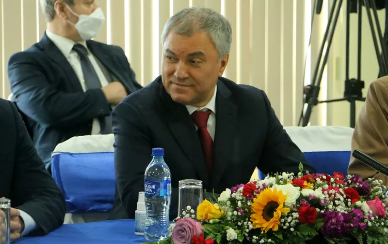 Russian President of the Duma (Lower House of Parliament), Vyacheslav Volodin, is seen during a conference at the Nicaraguan National Assembly in Managua, on Fbruary 24, 2022. - Volodin arrived in Nicaragua on Thursday after visiting Cuba, at a time when Russia is carrying out a military offensive against Ukraine. (Photo by STRINGER / AFP)