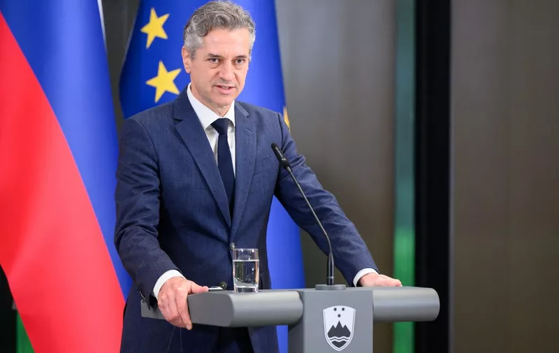 Slovenia's Prime Minister Robert Golob addresses a joint press conference with Germany's Chancellor after their meeting in Brdo Estate, near Kranj, on March 26, 2024. (Photo by Jure Makovec / AFP)