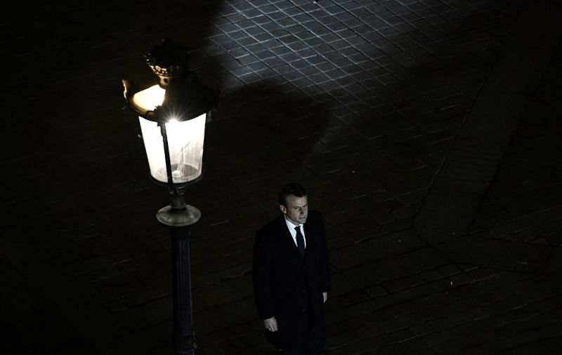 French president-elect Emmanuel Macron arrives to deliver a speech at the Pyramid at the Louvre Museum in Paris on May 7, 2017, after the second round of the French presidential election.
Emmanuel Macron was elected French president on May 7, 2017 in a resounding victory over far-right Front National (FN - National Front) rival after a deeply divisive campaign, initial estimates showed. / AFP PHOTO / POOL / PHILIPPE LOPEZ