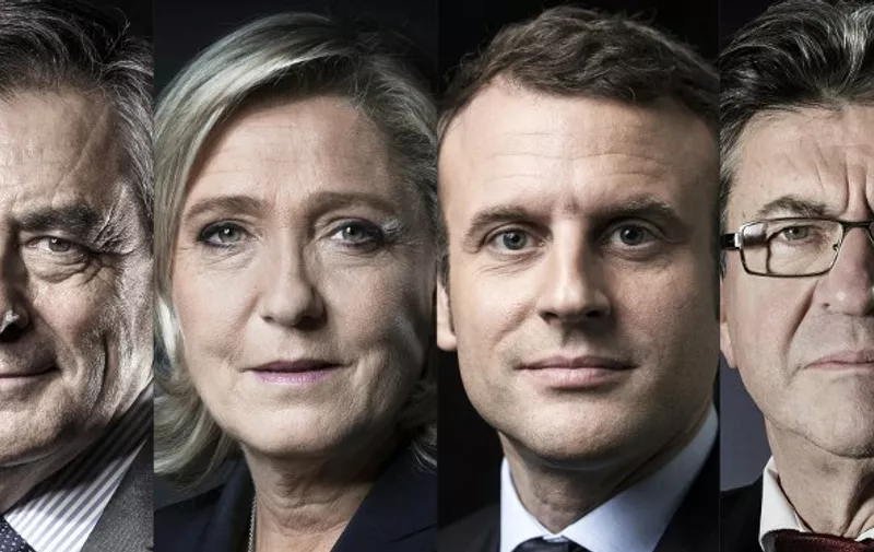 (COMBO) This combination of pictures created on April 14, 2017 shows French presidential election candidates: (From L) for the right-wing Les Republicans (LR) party Francois Fillon taken on November 25, 2016 ; for the far-right Front National (FN) party Marine Le Pen taken on October 17, 2016 ; for the En Marche ! movement Emmanuel Macron taken on March 07, 2017 and for the far left coalition "La France insoumise" Jean-Luc Melenchon taken on January 24, 2017.
These four candidates are able to qualify for the second round of the French presidential election. / AFP PHOTO / JOEL SAGET AND Eric FEFERBERG