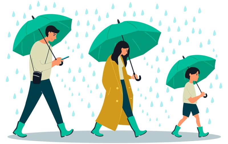 Young people character walking with umbrellas under a rain. Vector illustration on white background in cartoon style