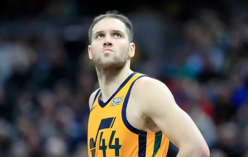 INDIANAPOLIS, INDIANA - NOVEMBER 27:   Bojan Bogdanovic #44 of the Utah Jazz watches the action against the Indiana Pacers at Bankers Life Fieldhouse on November 27, 2019 in Indianapolis, Indiana.     NOTE TO USER: User expressly acknowledges and agrees that, by downloading and or using this photograph, User is consenting to the terms and conditions of the Getty Images License Agreement. (Photo by Andy Lyons/Getty Images)