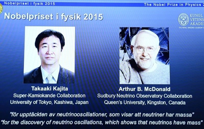 The portraits of the winners of the Nobel Prize in Physics 2015 Takaaki Kajita (L) and Arthur B McDonald are displayed on a screen during a press conference of the Nobel Committee to announce the winner of the 2015 Nobel Prize in Physics on October 6, 2015 at the Swedish Academy of Sciences in Stockholm, Sweden. Takaaki Kajita of Japan and Canada's Arthur B. McDonald won the Nobel Physics Prize for work on neutrinos.   AFP PHOTO / JONATHAN NACKSTRAND