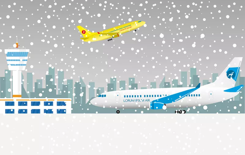Snowfall in airport. Airport building and control tower,Winter weather concept.Flat vector illustration