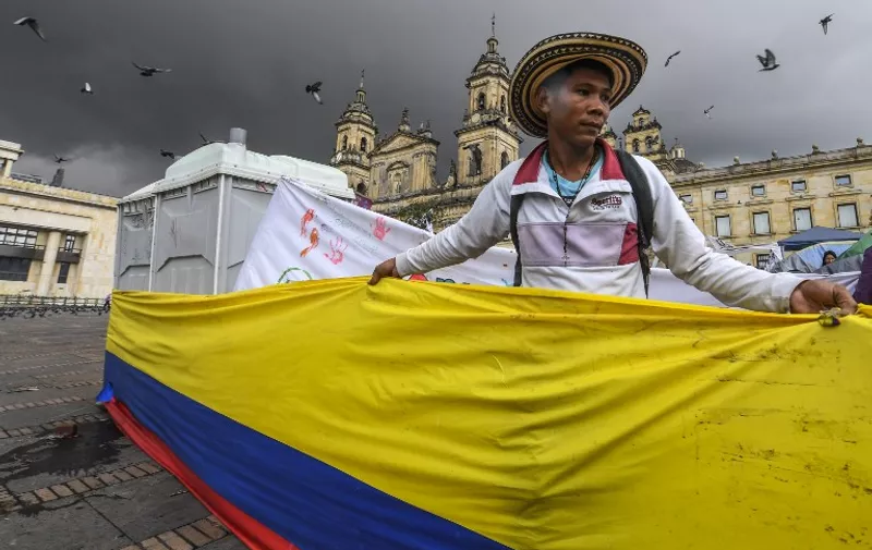 A man takes part in a demo for the immediate implementation of the agreement between the Colombian government and the FARC guerrillas at Bolivar Square in Bogota on November 18, 2016. / AFP PHOTO / Luis Acosta