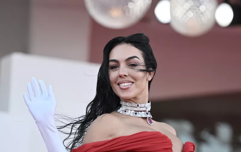 Georgina Rodriguez poses during the red carpet of the movie "Enea" presented in competition at the 80th Venice Film Festival on September 5, 2023 at Venice Lido. (Photo by Tiziana FABI / AFP)
