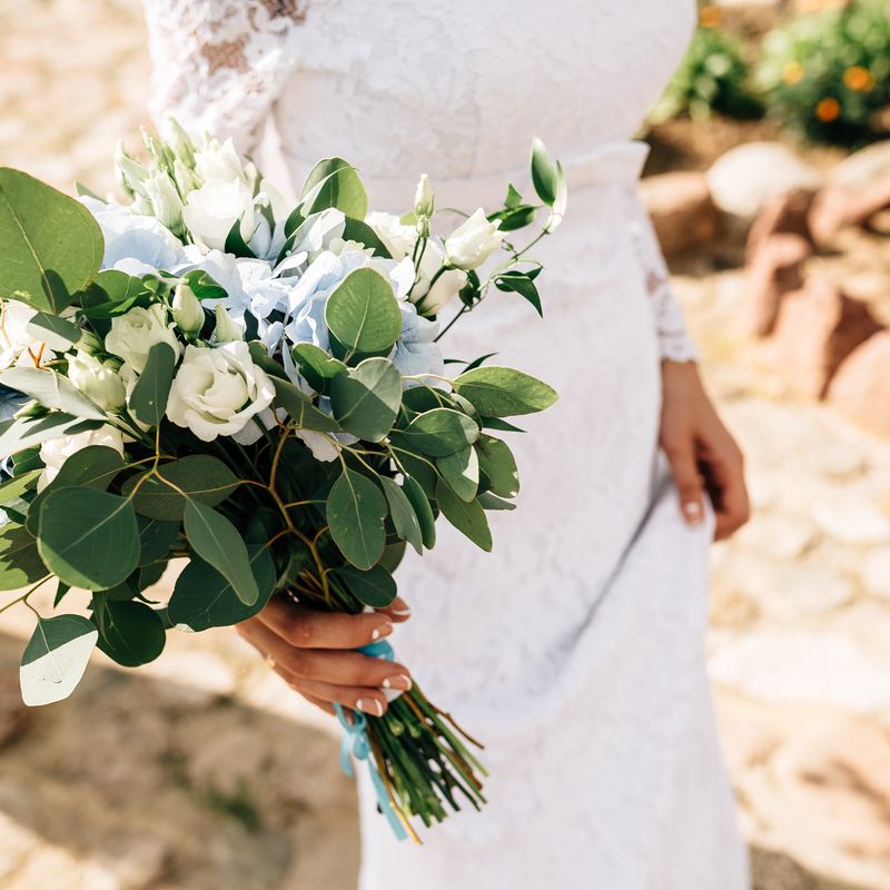bouquet of the bride in hands, eucalyptus