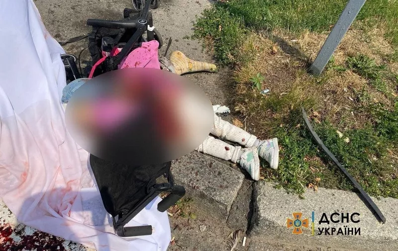 A body of child killed along with at least 20 other by Russia missile attack in central Ukraine city of Vinnytsia (Vinnitsa) on July 14, 2022. Authorities in the western Ukrainian city of Vinnytsia raised the number of those killed in a Russian missile strike in the city to 21, including a child. On Facebook, police chief Ihor Klymenko announced 90 more were injured in the strike that saw three rockets hit an office center.,Image: 707299024, License: Rights-managed, Restrictions: , Model Release: no, Credit line: Profimedia