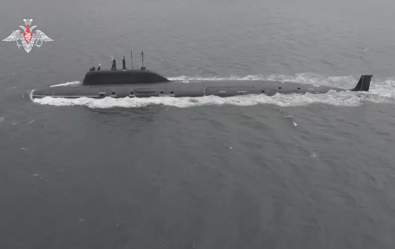 Image grab from footage released by Russian Defense Ministry on Saturday Feb 19, 2022 shows the launch of the winged rocket Calibre with a nuclear submarine. Russia President Vladimir Putin and Belarusian leader Alexander Lukashenko watched the exercises from the situation center in the Kremlin.
Russia Belarus Joint Exercise, Undisclosed Location, Russia - 19 Feb 2022,Image: 663912791, License: Rights-managed, Restrictions: , Model Release: no, Credit line: Profimedia