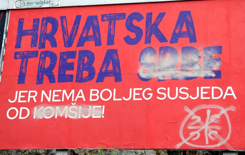 02.04.2024., Sibenik - U Sibeniku je isaran izborni jumbo plakat SDSS s porukom "Jer nema boljeg susjeda od komsije". Photo: Dusko Jaramaz/PIXSELL