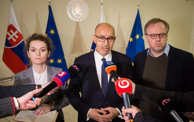 (L-R) Human rights activist focused in media law Fultura Kusar, OSCE Media Freedom Representative Harlem Desir and Secretary General of Reporters Without Borders Christophe Deloir speak to journalists after their meeting with the Slovak Prime Minister to discuss the investigation of the murder of a Slovak investigative journalist, in Bratislava on March 2, 2018. - Murdered Slovak journalist Jan Kuciak was probing alleged high-level political corruption linked to the Italian mafia, the news portal he worked for revealed on February 28, 2018, as his killing sparked political fallout and fresh demonstrations in the EU state. (Photo by VLADIMIR SIMICEK / AFP)
