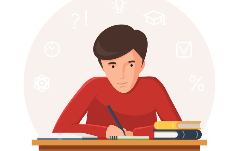 Student sitting at table with books and writing. Young people preparing for exams at University or school. Icons of learning. Vector illustration isolated on white background