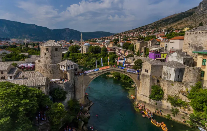 25.07.2021., Mostar, Bosna i Hercegovina - Fotografija iz zraka s 455. skokova sa Starog mosta. Photo: Zvonimir Barisin/HaloPix/PIXSELL