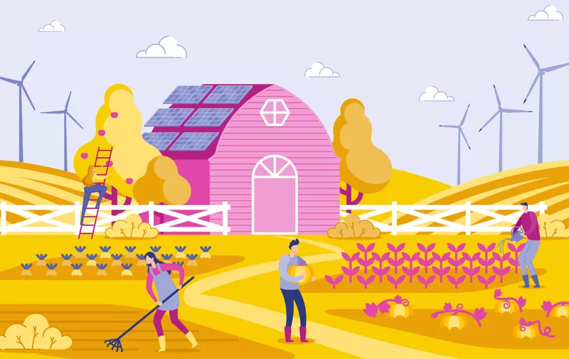 Vector Illustration Green Energy in Farm Flat. People Working on Farm, Background Building, Wind Turbine and Solar Panel. Use Green Energy Contribution to Saving Planet. Cartoon Flat.