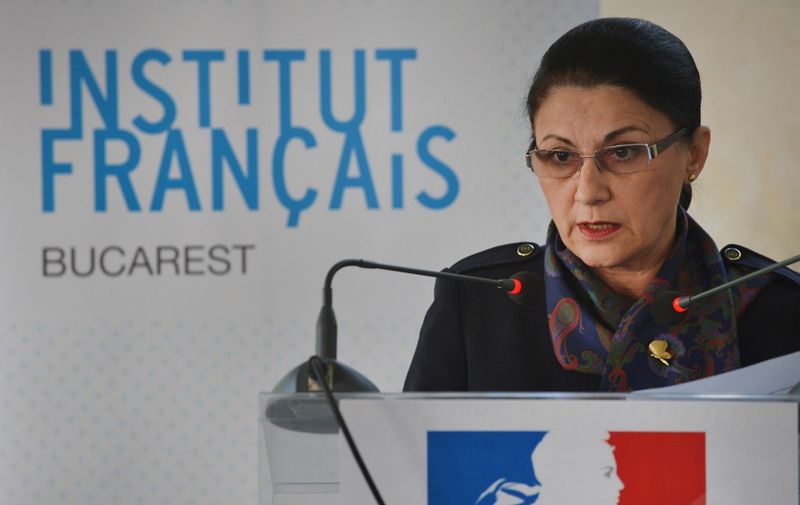 Romanian Minister of Education Ecaterina Andronescu gives a speech after she signed an equivalence agreement between France and Romania regarding the recognition of diplomas of higher education, during the inauguration of "The French Regional Centre of Advanced Studies in Social Sciences (CeReFREA)" in Bucharest October 18, 2012. French researchers and doctoral students in the humanities will benefit from the center which will soon open its doors in Bucharest. The French Regional Centre of Advanced Studies in Social Sciences (CeReFREA) ensures the development of the Francophone humanities and social sciences in the region of Central and Eastern Europe.     AFP PHOTO / DANIEL MIHAILESCU (Photo by DANIEL MIHAILESCU / AFP)