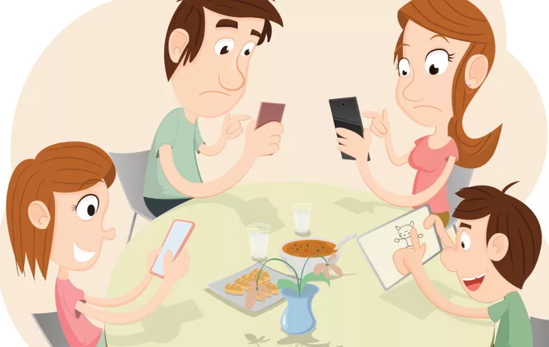 During a dinner, everyone  playing with smartphones and ignoring each other. EPS 10 illustration.
