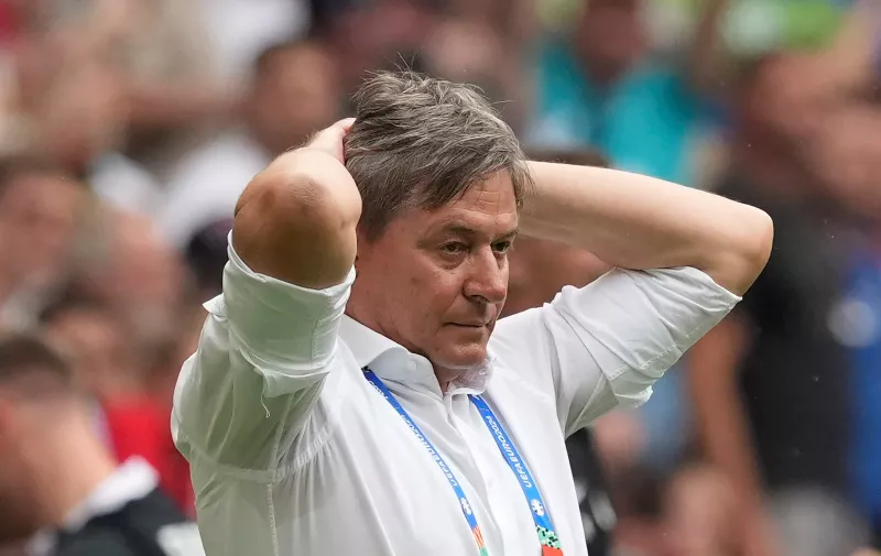 Serbia's head coach Dragan Stojkovic reacts after Slovenia scored a goal during a Group C match between Slovenia and Serbia at the Euro 2024 soccer tournament in Munich, Germany, Thursday, June 20, 2024. (AP Photo/Antonio Calanni)