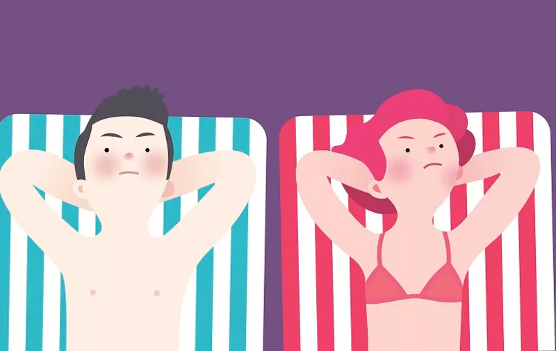 Unhappy couple sunbathing on the beach - a flat cartoon vector illustration of a couple sunbathing lying on the striped beach mattresses anger to each other