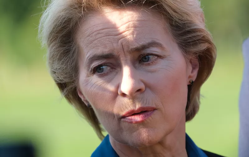 NOSSENTIN, GERMANY - JUNE 24: German Defense Minister Ursula von der Leyen speaks to the media near the crash site of one of two Bundeswehr Eurofighter fighter jets on June 24, 2019 near Nossentin, Germany. Two Eurofighters collided during training earlier today, leaving one pilot dead. (Photo by Sean Gallup/Getty Images)