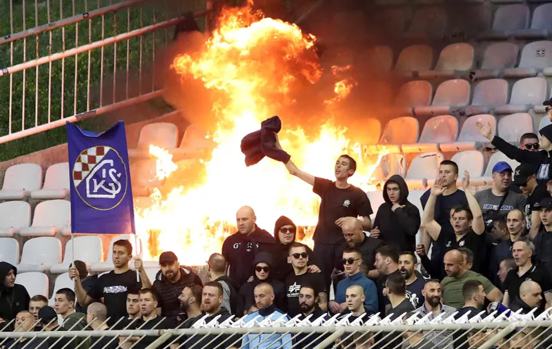 30.04.2023., stadion Poljud, Split - SuperSport HNL, 32. kolo, HNK Hajduk - GNK Dinamo. Navijaci Dinama, Bad Blue Boysi zapalili su stolice na stadionu. Photo: Matija Habljak/PIXSELL